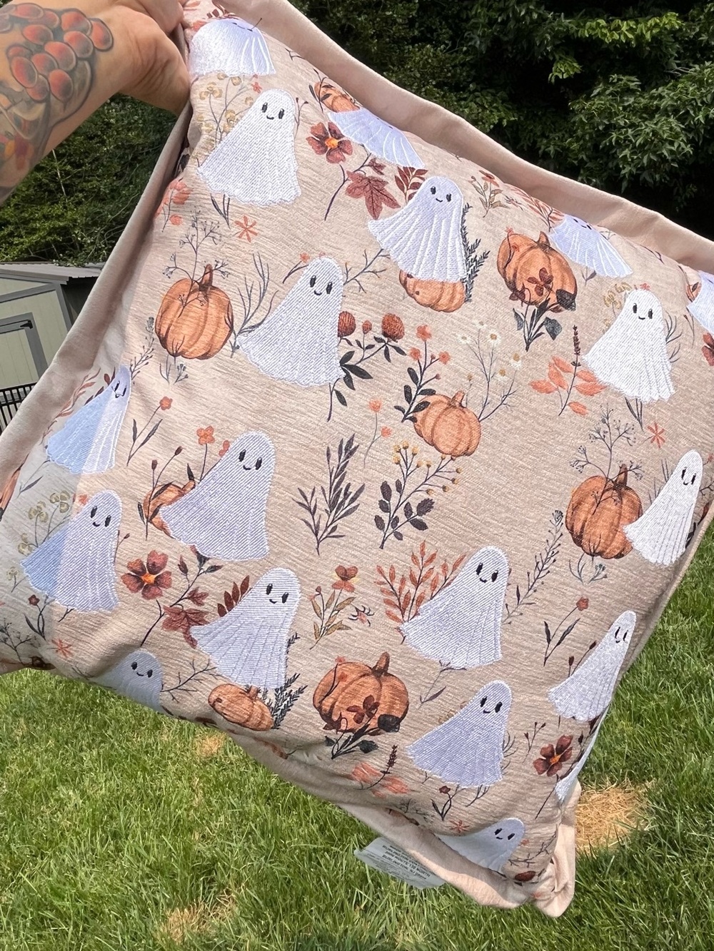 Ghost & Pumpkin Decorative Throw Pillow - Neutral Beige